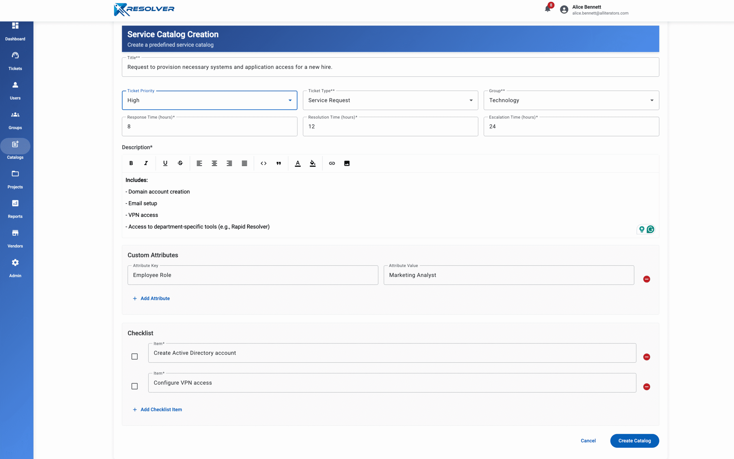 Pre defined Service Catalog