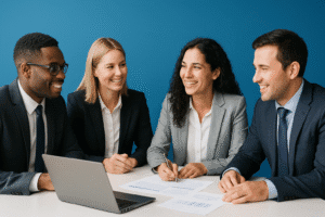 diverse business team inside a modern bright office, gathered around a conference table with laptops and paperwork. The group consists of two men and two women, dressed in professional business attire, smiling and engaged in discussion. The background is a clean, gradient blue, soft-lit, minimalistic and modern.