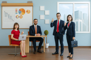 A photorealistic image of four business professionals in a modern office, two sitting at a desk and two standing near a window with a city skyline view, discussing charts and graphs on a presentation board.